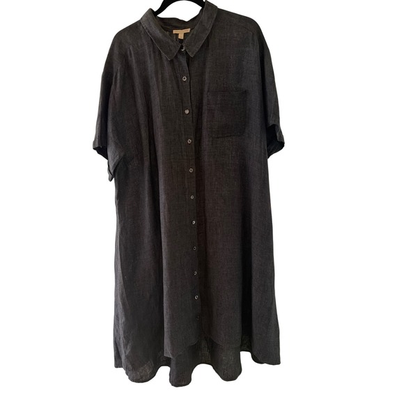 Eileen Fisher Dresses & Skirts - Eileen Fisher Shirt Dress Grey Organic Linen Short Sleeve Button Front Oversized